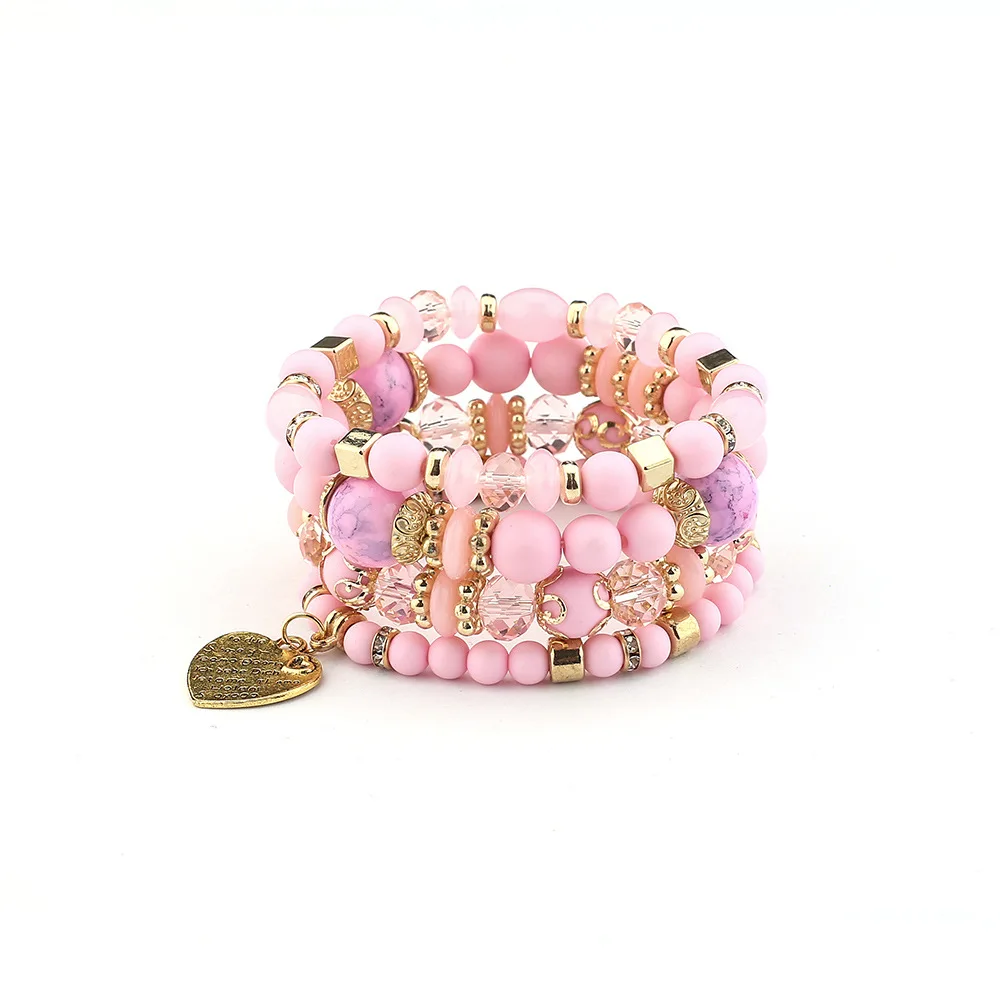 4-teiliges Boho-Armband-Set mit Kristallperlen und Kettendesign für Damen, Vintage-Herzanhänger, elastisches Armband, modischer Party-Schmuck für Frauen – Detail 6