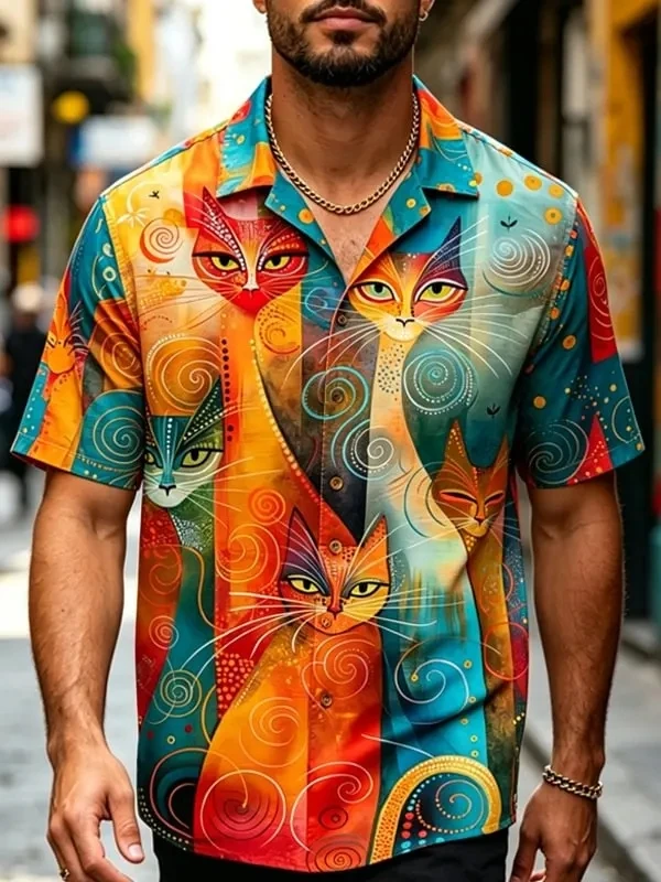 

Men's Colorful Abstract Cat Art Print Casual Shirts Fashion Button Up Short Sleeve Hawaiian Shirt Summer Cool Holiday Party Tops
