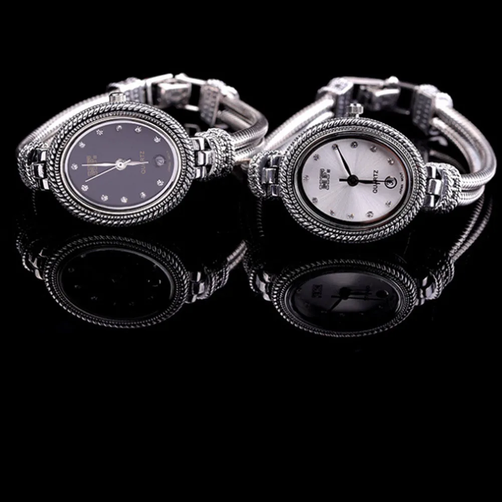 Solid 925 Sterling Silver Thailand Silver  Marcasite Luxury Oval Wrist Watches Bracelet  Women's Quartz Watches Fine Jewelry