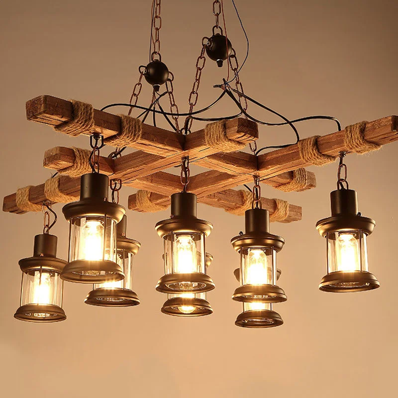 

Retro Industrial Style Chandelier American Country Cafe Bar Clothing Store Loft Creative Personality Solid Wood Lamps