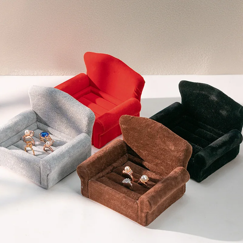 Velvet Creative Sofa Shaped Ring Holder Earring Display Jewelry Box Organizer