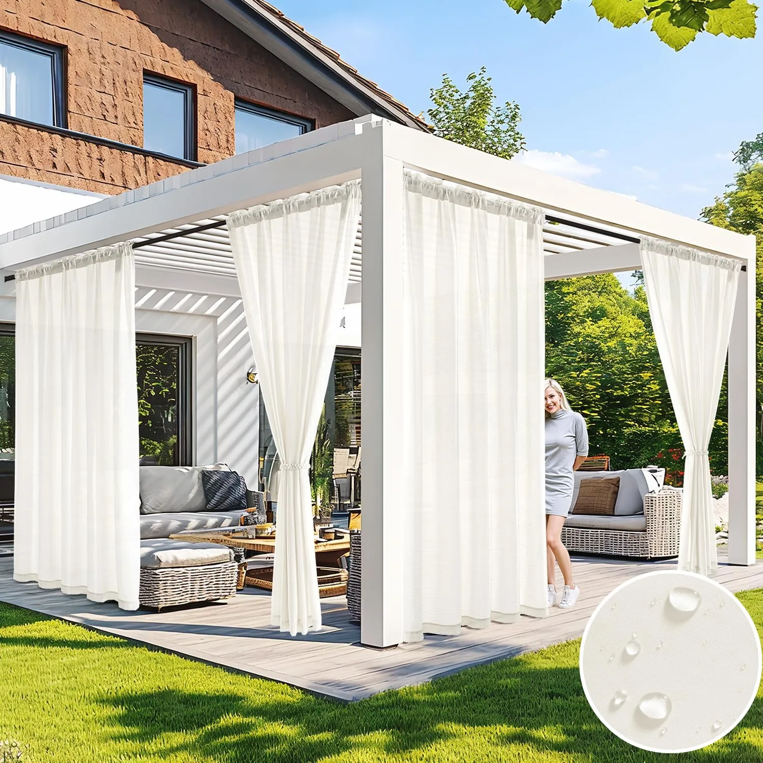 2Panels Waterproof Privacy Outdoor Curtains Rod Pocket Sheer Curtain Sun Blocking Privacy Protection Fit Patio Gazebo Pergola