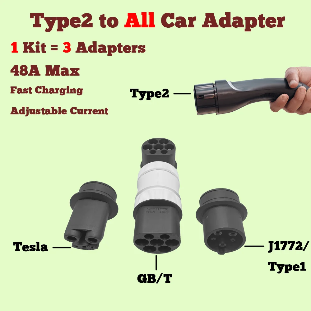 

Evolado ev charger adapter,Type2 to All Car(Tesla/Type1/J1772/GBT),1 Kit = 3 Adapters,32A Max,V2L fast charging