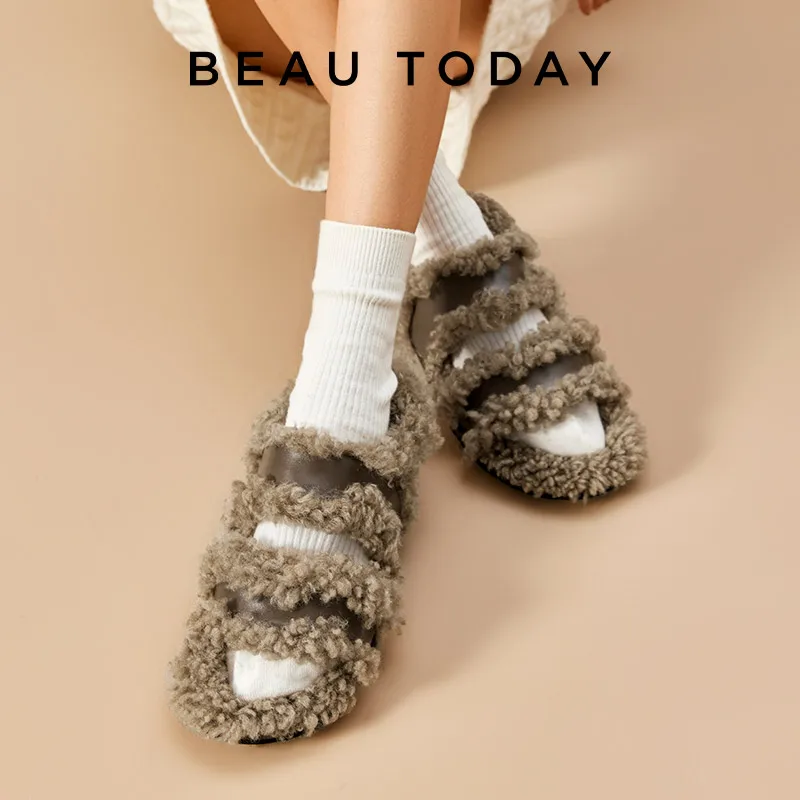 

BEAUTODAY Lamb Wool Flats Women Cow Leather Back Strap Warm Outdoor Ladies Autumn Winter Flat Shoes Handmade 37053