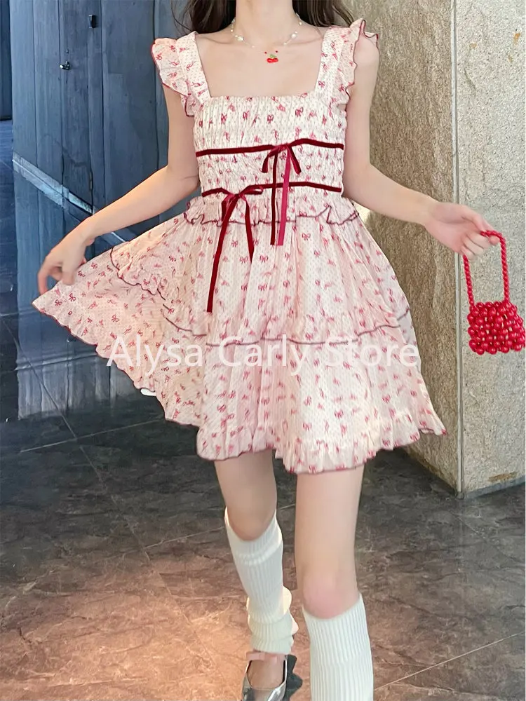 Sweet Floral Kawaii Fairy Dress Women Vintage Korean Elegant Party Mini Dresses Lace Print Casual Cute Casual Dress Summer 2023