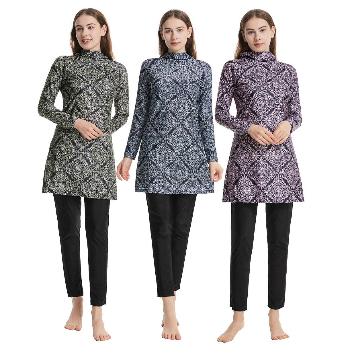 

H1018 Muslim Women Full Coverage 2 PCS Swimming Clothes Arab Lady Long Sleeves Hooded Printing Tops Long Pants Swimwear