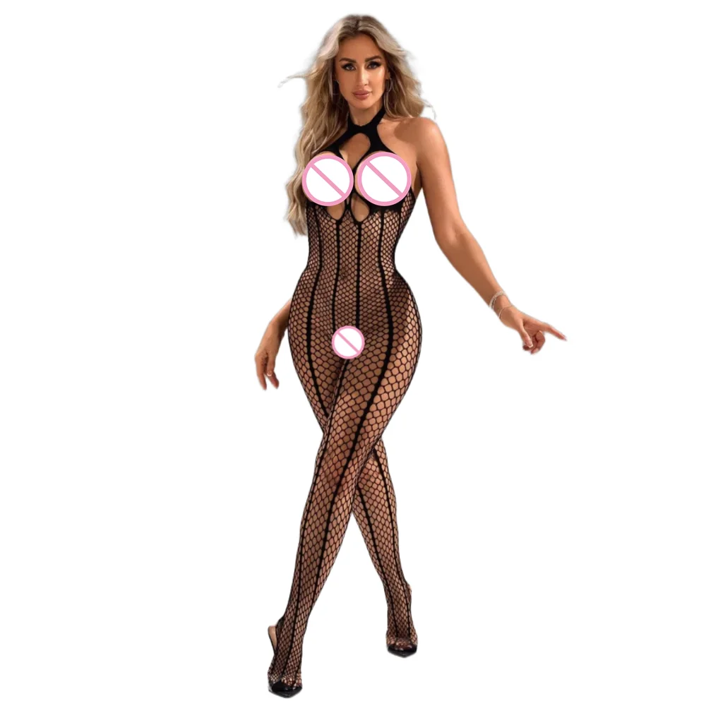 New Fashion Bodystocking Women Hollow Out Fishnet Dress Body Stocking Crystal Bodysuits Lingerie Open Bra Nightwear