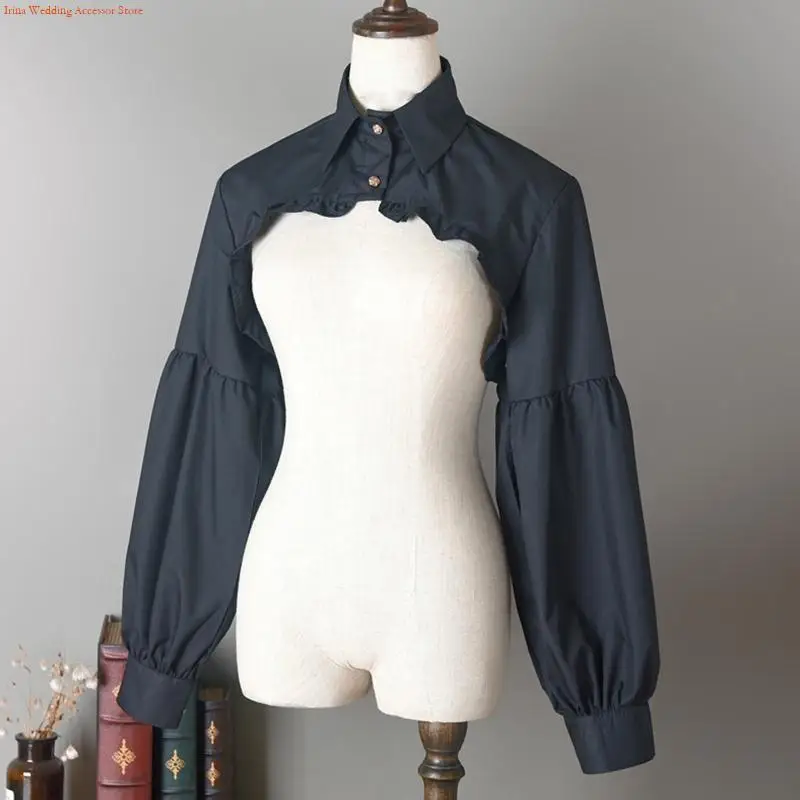 G92D Women Puff Long Sleeve Half Top Blouse Ruffled Golden Button Detachable False Fake Collar Sweater Decorative Accessories