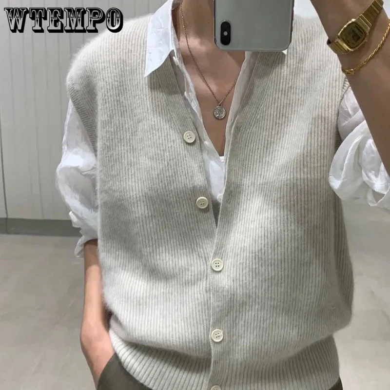 WTEMPO New Knitted Vests Office Ladies Japanese Style V-Neck Button Cardigans Coats Women\'s Spring Fall New Elegant Sweater Vest