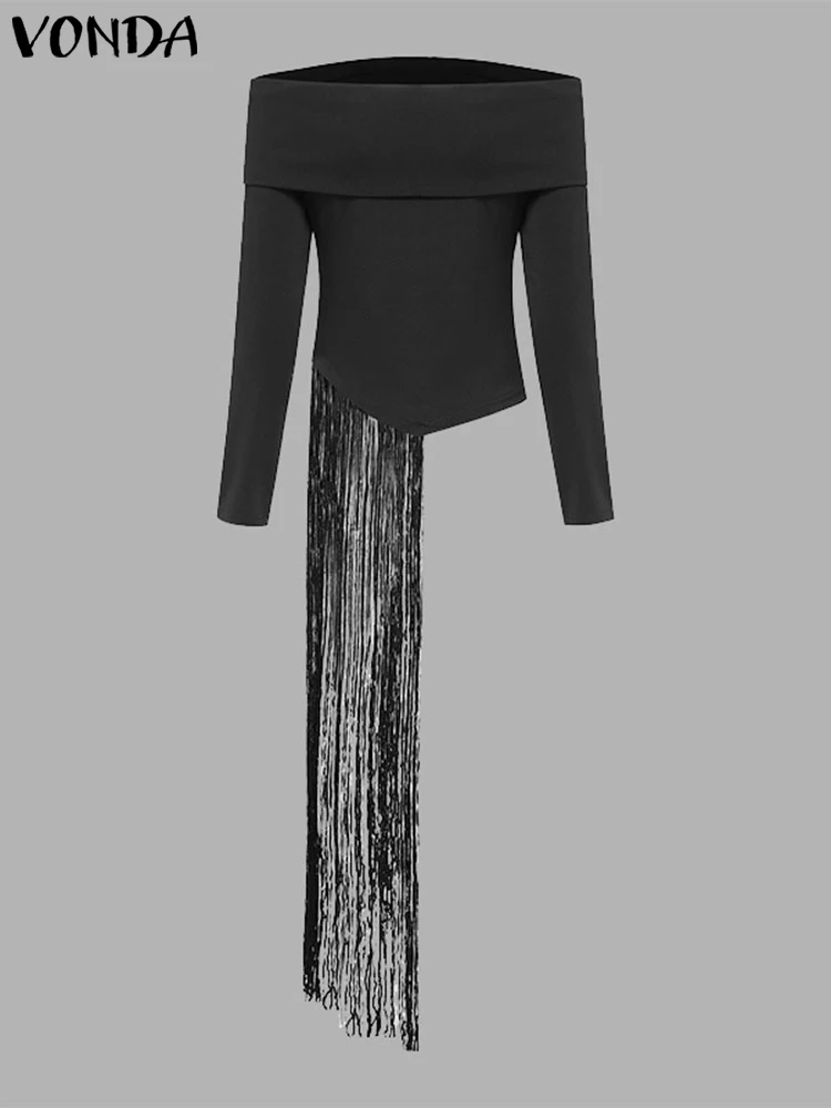 

VONDA Women Fitting Long Sleeve T-Shirts 2025 Autumn Casual Tassel Off Shoulder Elegant Solid Knitted Straight Shoulder Tops