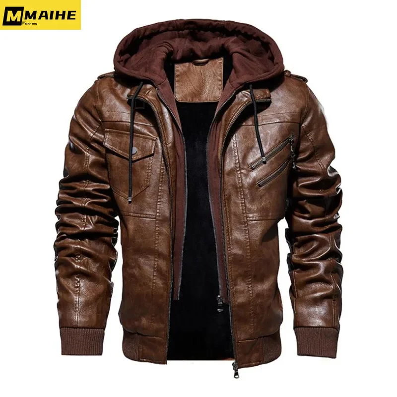 Winter High Quality Men\'s Leather Jacket Motorcycle Hooded Jacket Male Warm Casual PU leather Coat Fleece Men\'s Coats Clothing