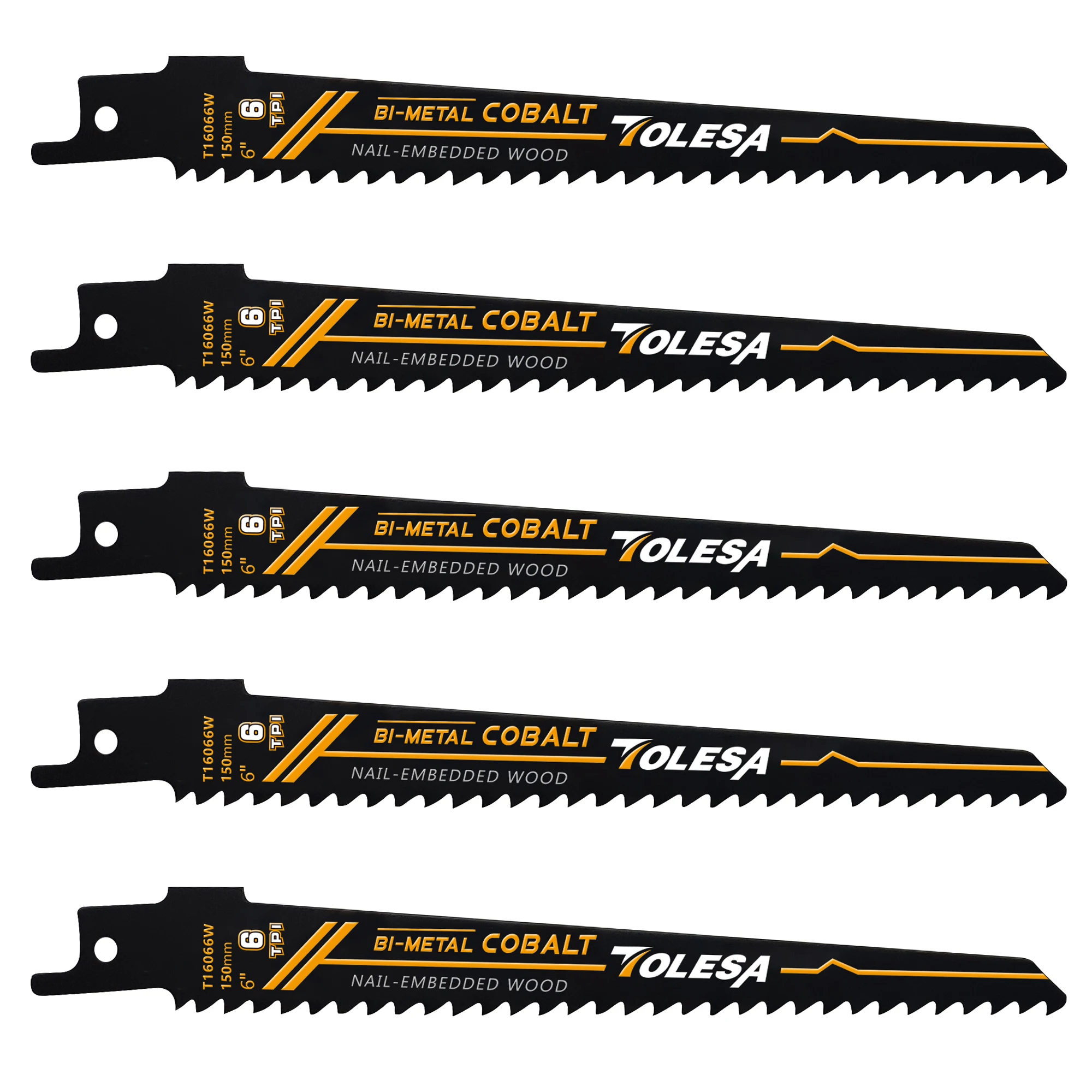 TOLESA 5pcs 150mm 6TPI Reciprocating Saw Blades 6inch Sawzall Blades for Nail Embedded Wood Window Door Bi-Metal Sharp Teeth