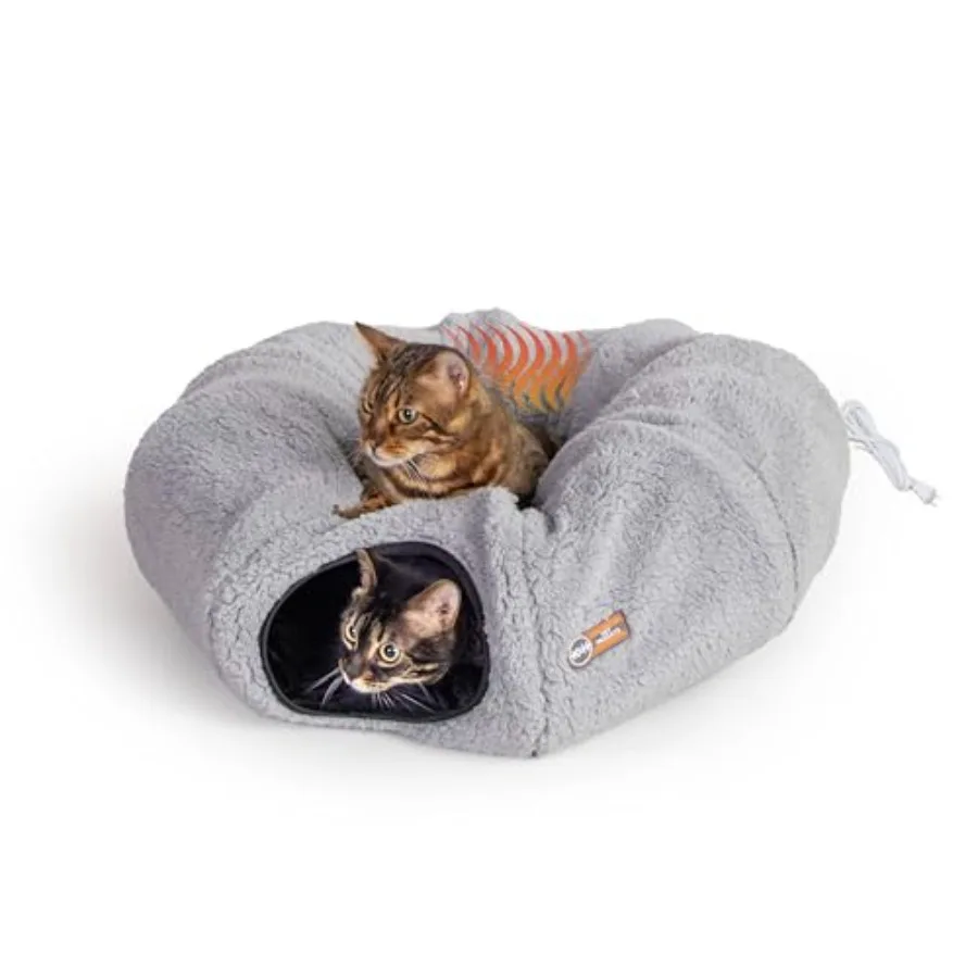 

Heated Cat Tunnel Bed for Indoor Cats - Donut Tunnel Toy Tube Hideaway Cave with Round Circle Bed Warming Center for Large Kitt