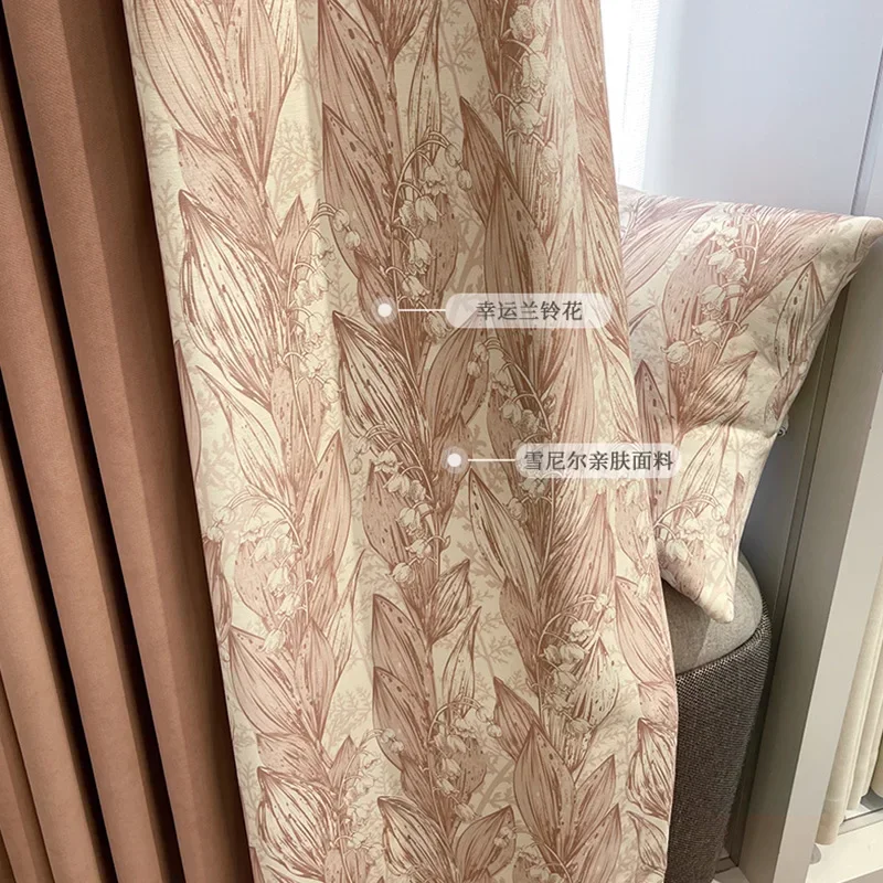 

N5005French Chenille Ling Orchid Curtains, high shading retro printed curtains fabric living room bay windows