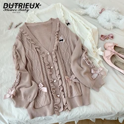 Maglioni giapponesi moda donna amore bottone cinturino fiocco coniglio ricamo maglione giacca autunno sciolto Lolita ragazza Cardigan lavorato a maglia