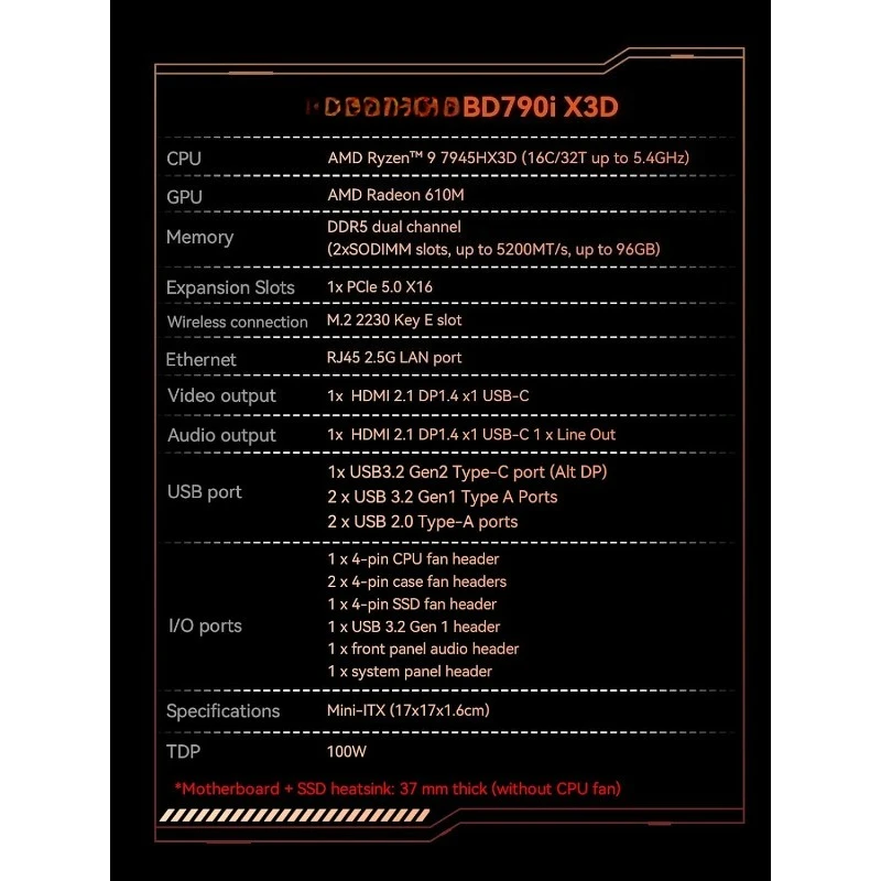 اللوحة الأم BD790I X3D Mini ITX، AMD Ryzen 9 7945HX3D المدمجة، حتى 5.4 جيجا هرتز، 16C/32T، ذاكرة تخزين مؤقت 144 ميجابايت، PCIe 5.0 x16 Sl