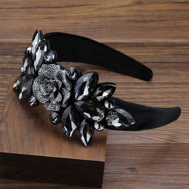 Women Luxury Hair Jewelry Rhinestone Baroque Headband Gorgeous Black Crystal Big Flower Hairband For Wedding Party