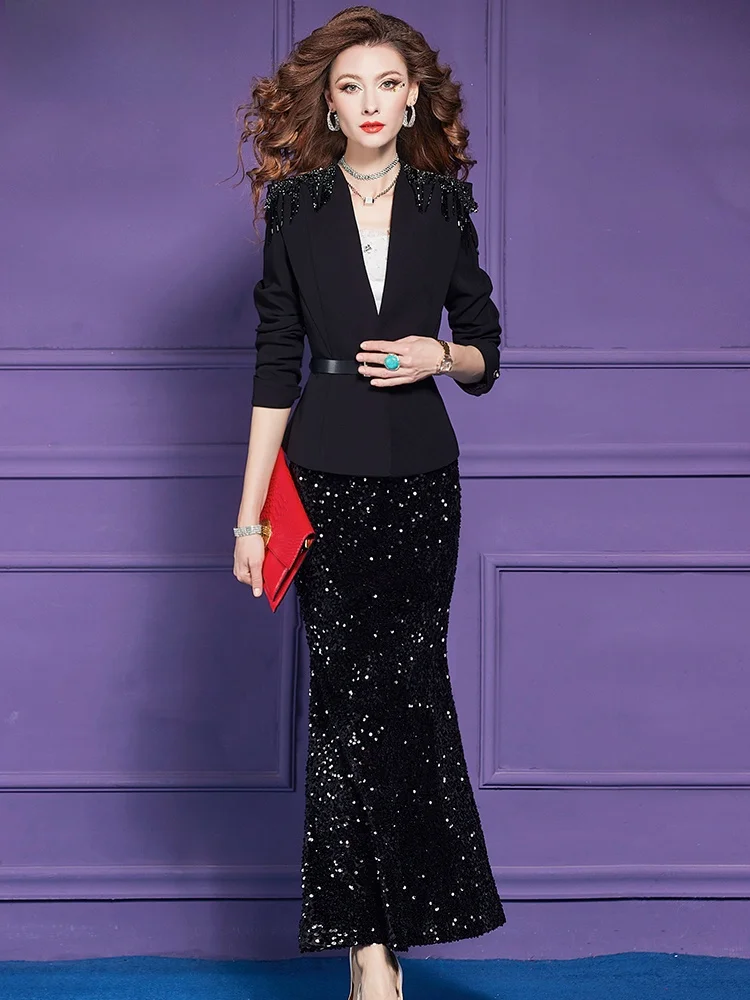 Elegant Black Sequin Suit Set Women's Original Design Autumn High-end Luxury Fish Tail Half Skirt Dress Fashionable Ensemble view 5