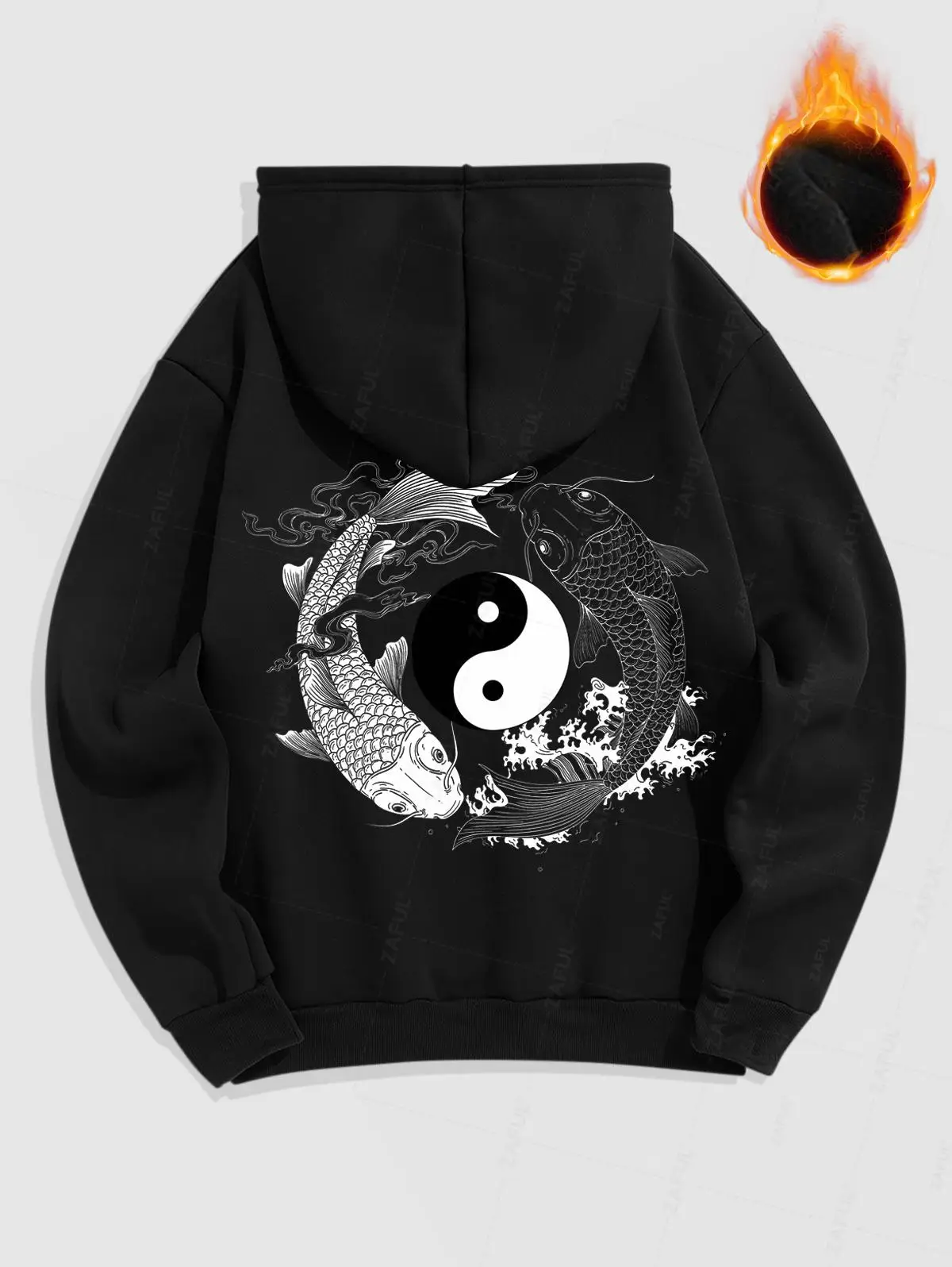 

ZAFUL Men's Daily Casual Yin And Yang Fish Pattern Fuzzy Fleece-lined Kangaroo Pocket Design Pullover Long Sleeves Hoodie