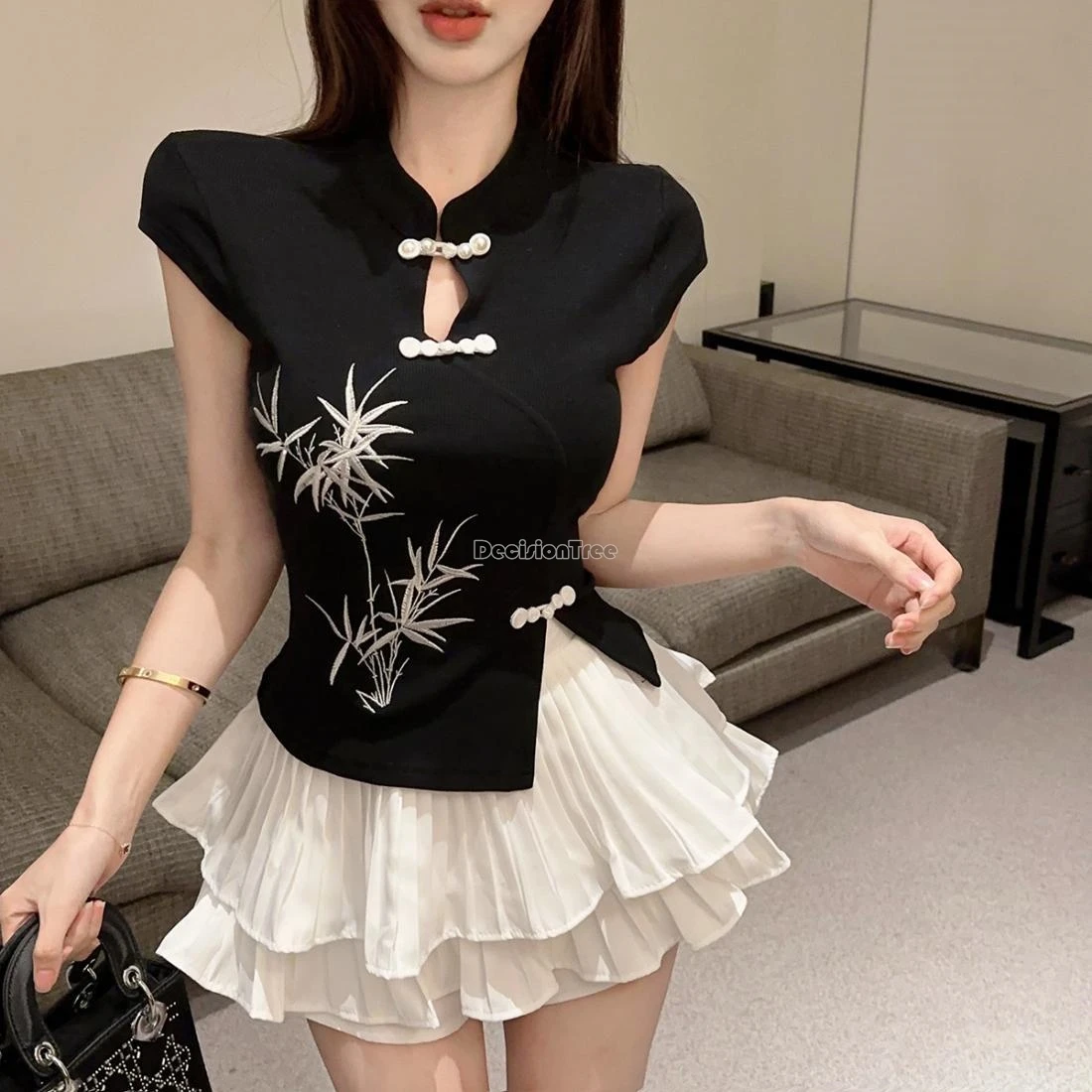 

2024 new vintage chinese style bamboo embroidery qipao top fashionable versatile temperament top sexy hollow out slim blouse