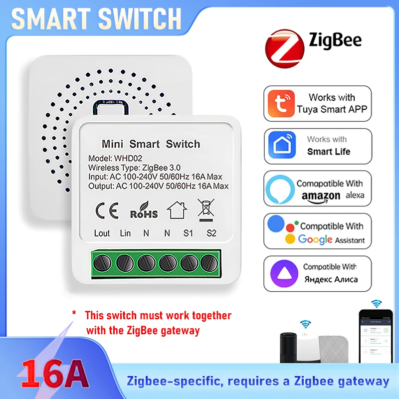 

Tuya Zigbee 3.0 Smart Switch Mini 16A 1/2 Way Wireless & Voice Control for Home Automation Work With Alexa/Google Assistant