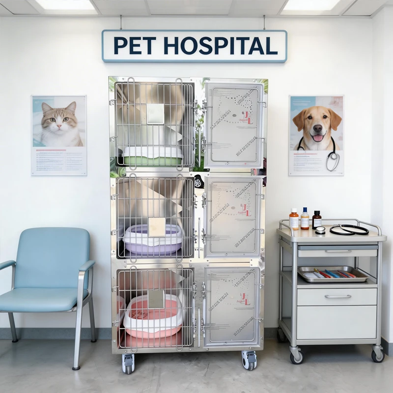 Deluxe Three-Layer Cat Cage Luxury Stainless Steel with Detachable Tray Easy Clean