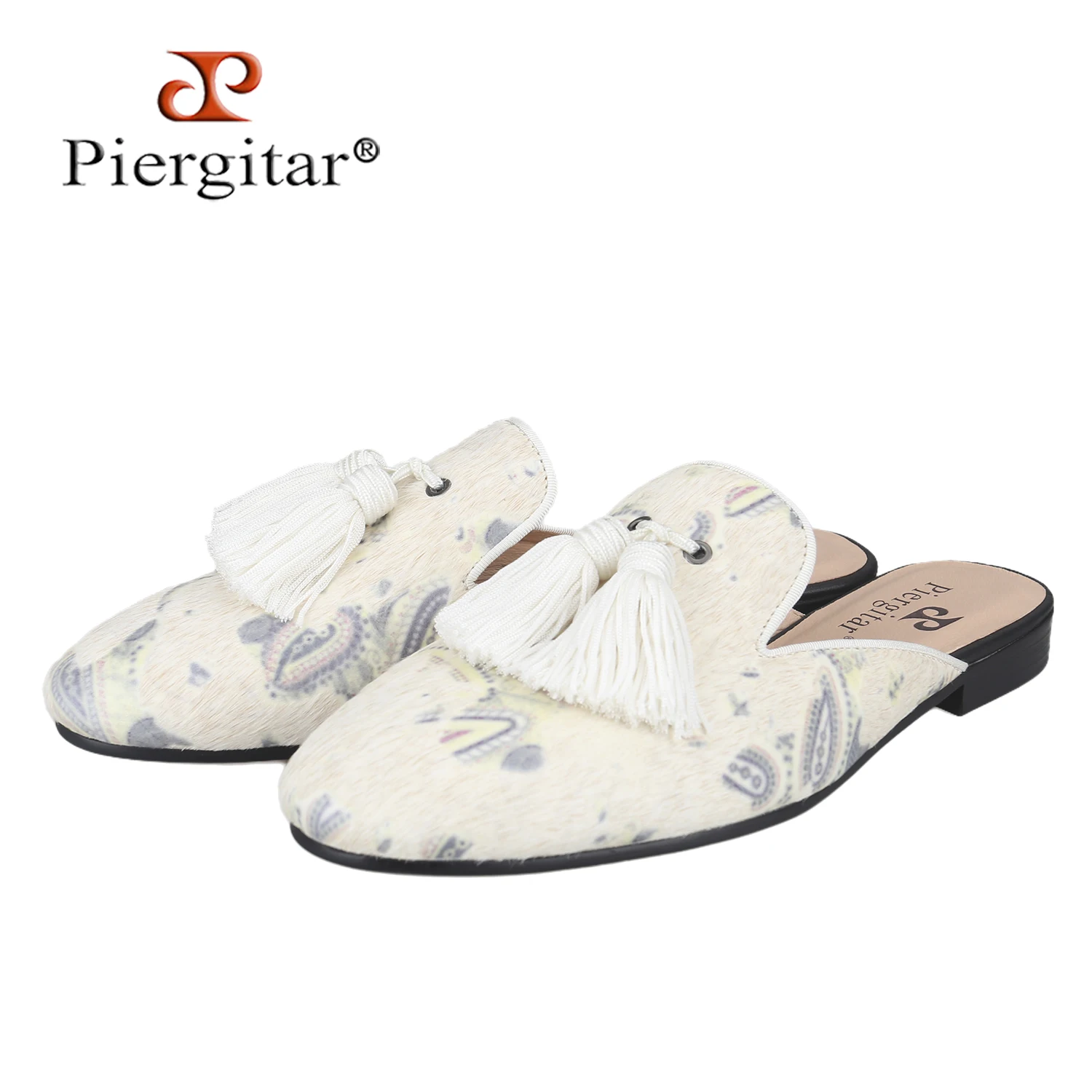 Piergitar Customized Paisley Pattern Of Beige Horsehair Men's Mules With Handmade Tassels China Foreign Trade Fashion Slippers
