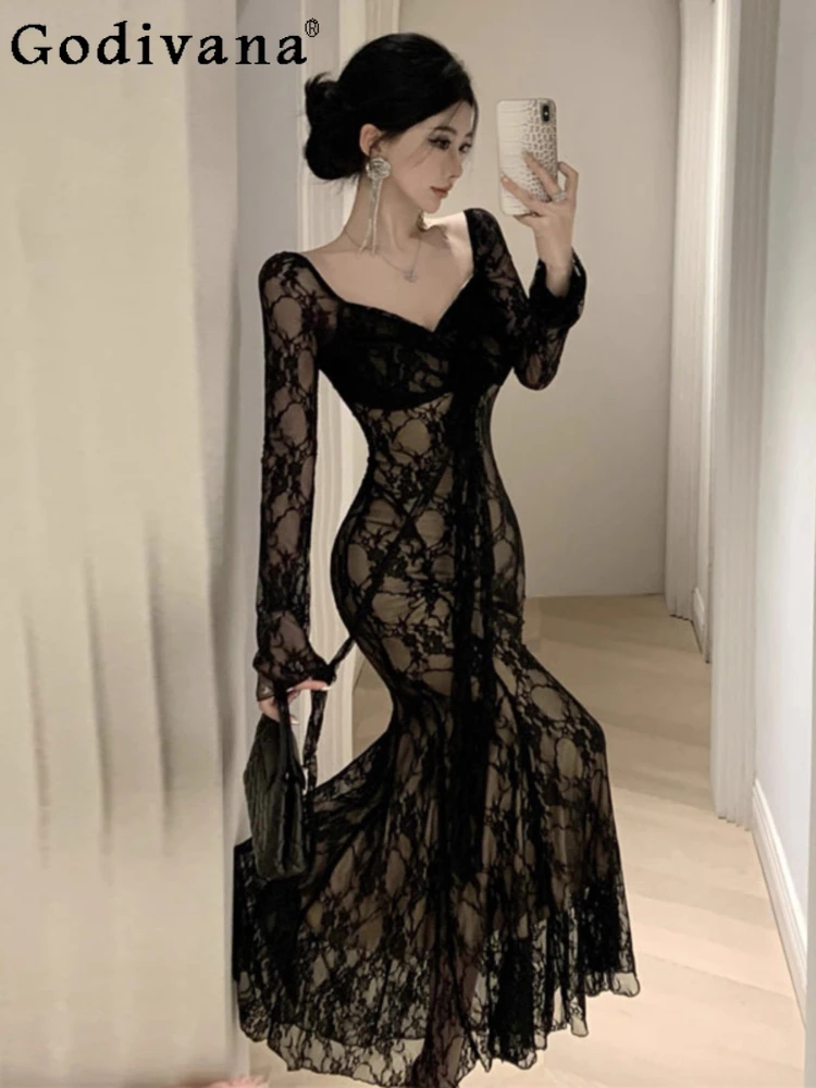 

Spring Autumn Elegant Sexy Lace Banquet Long Sleeve V-Neck Dress Girls Three-dimensional Flowers Fashion French Party Dresses