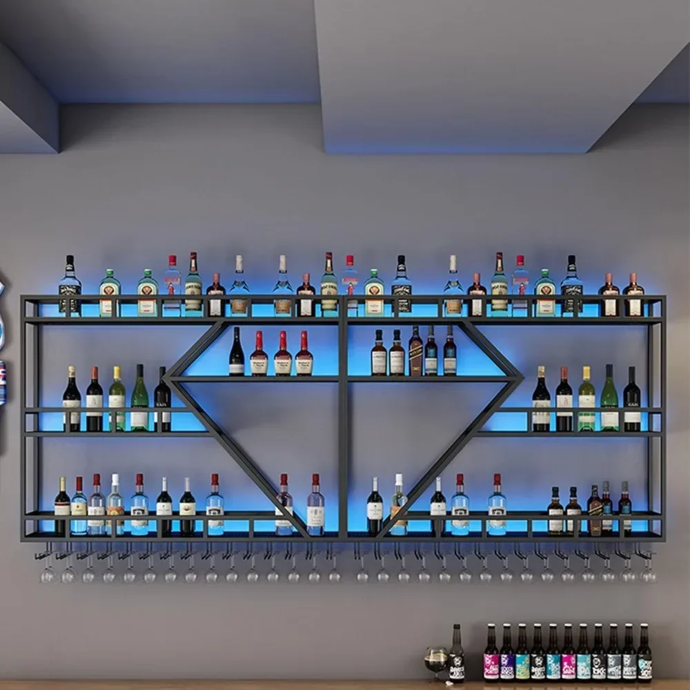 

Wine Rack Wall Mounted Bar Shelves with Hanging Wine Glass Holder Rack and LED Light Liquor Bottle Display Shelf Floating