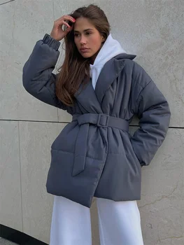 Tossy-Parkas à lacets pour femmes avec poches, vêtements d'extérieur monochromes pour femmes, manteau bandage taille haute, col en V, manches longues, mode hiver