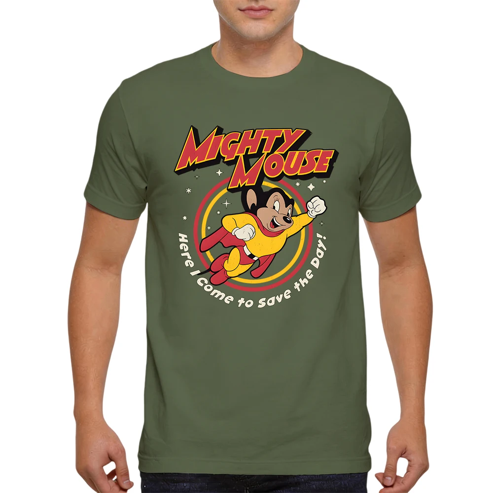 New Summer Mens 100% Cotton T Shirt Mighty Mouse Retro Classic Cartoon Vintage Hero Print Breathable Short Sleeve Daily Wear