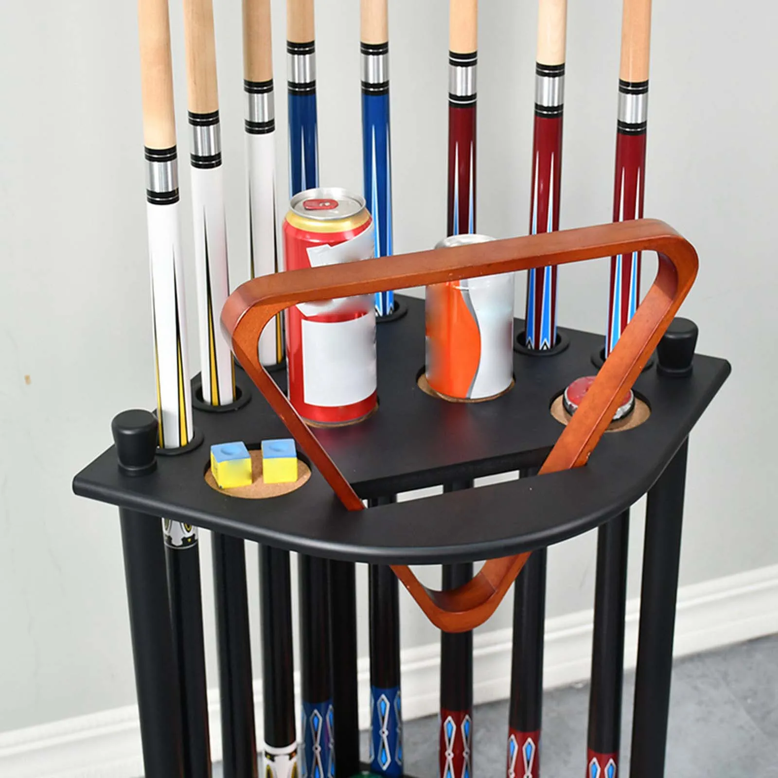 Pool Stick Holder, Mesa de Madeira, Free Standing Floor Stand com Drink Holder, Sala de Bilhar Clube Acessórios, 8 Varas