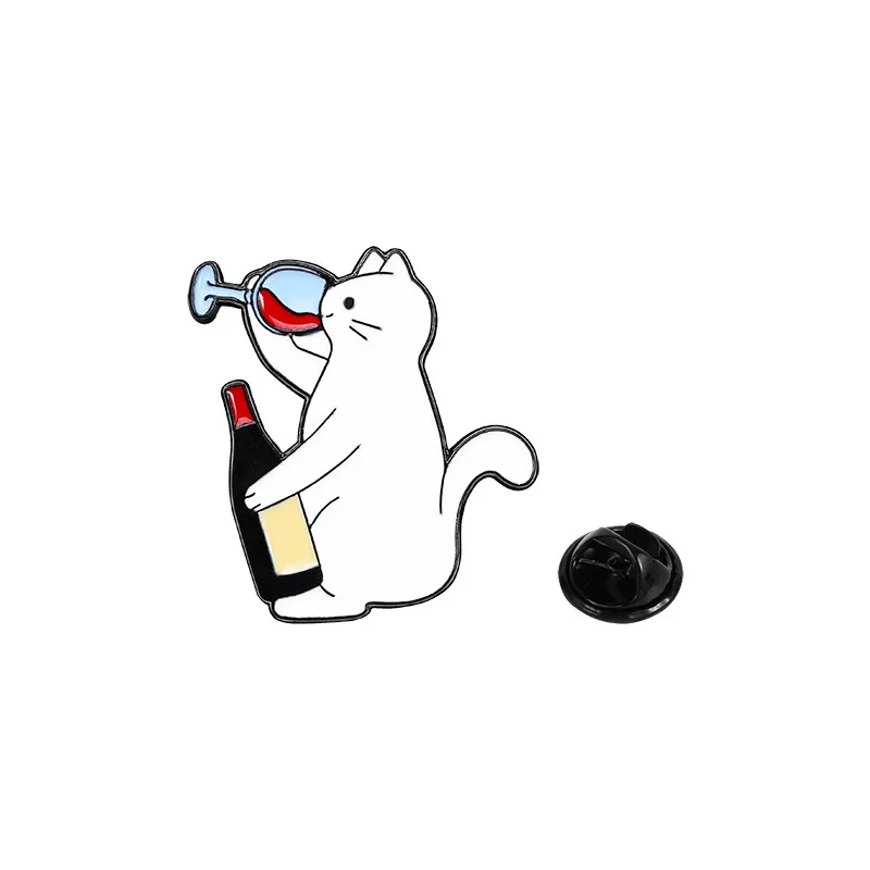 Cartoon white cat brooch, cat red wine, cute backpack, accessories, clothing decorations, zinc alloy badge