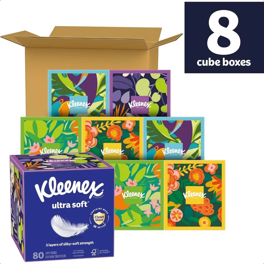 Kleenex Ultra Soft Facial Tissues 8 Cube Boxes 80 Tissues per Box 3Ply Packaging May Vary