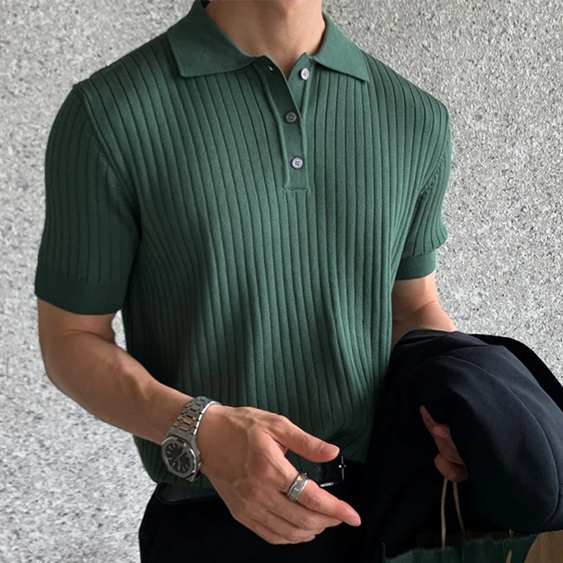 

New Fashion Ribbed Polos Men Summer Casual Short Sleeve Button Lapel Tops Mens Clothes Leisure Solid Color Polo Shirt Streetwear