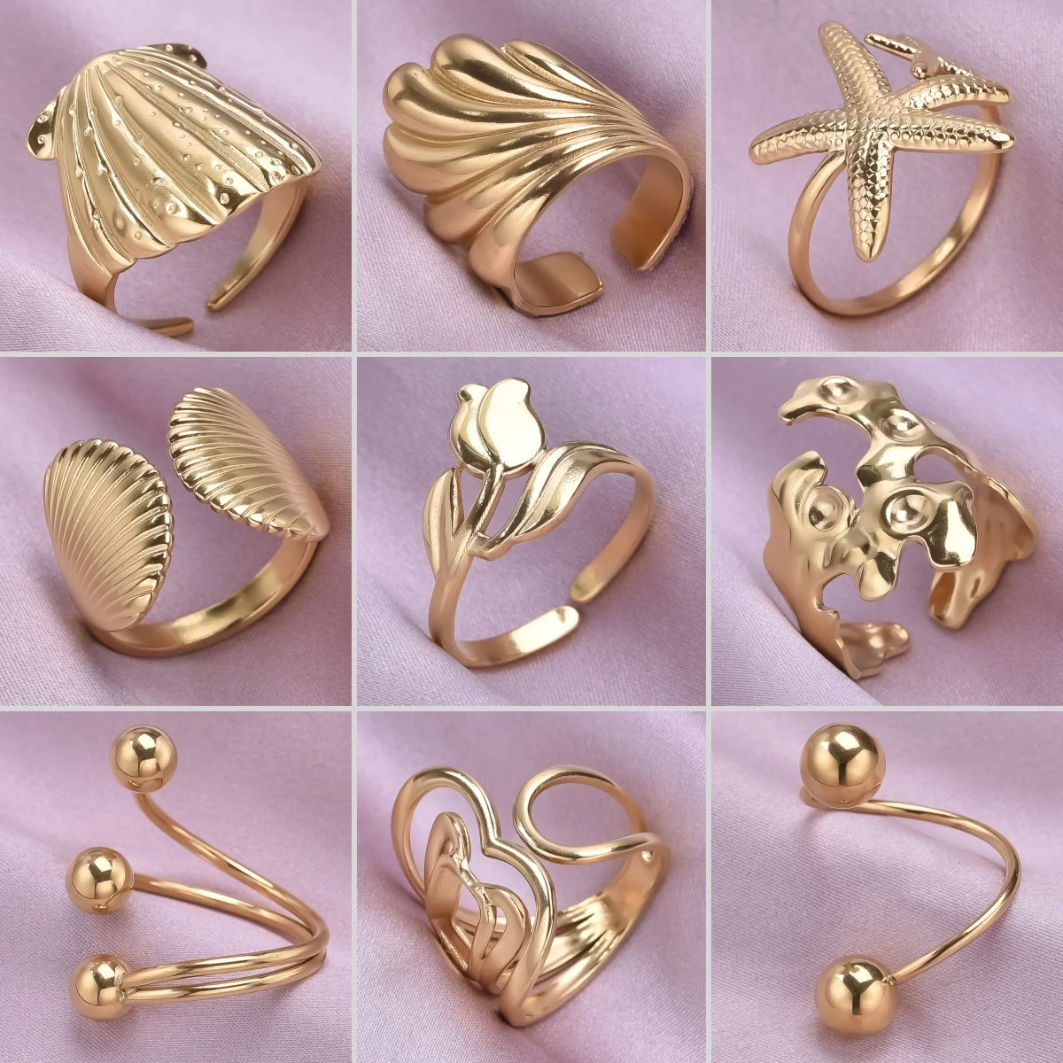 2024 New Sense Of Design Stainless Steel Ring High Quality Opening Adjustable Ocean Waves Starfish Shells  Tulip Geometry Rings