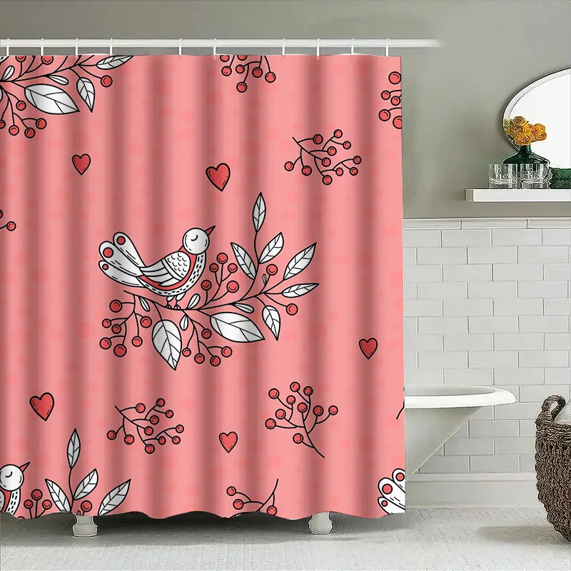 

Винтажная занавеска для душа с цветочным принтом в виде птицы, декоративная водонепроницаемая ткань для ванной комнаты розового, белого цвета с принтом вишневых красных сердечек, домашний деко