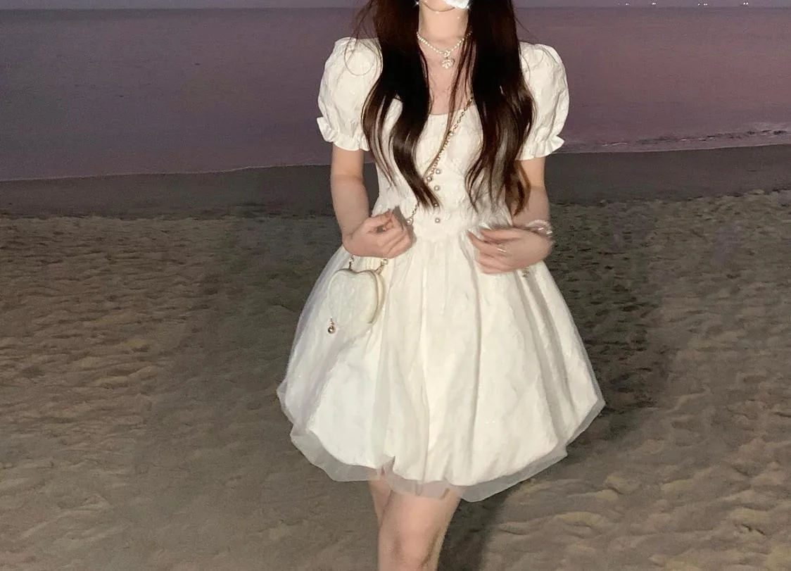 CGC Vintage Puff Sleeves White Short Dresses For Women Summer Elegant Party Dresses Korean Fashion Female Kawaii Lolita Dress