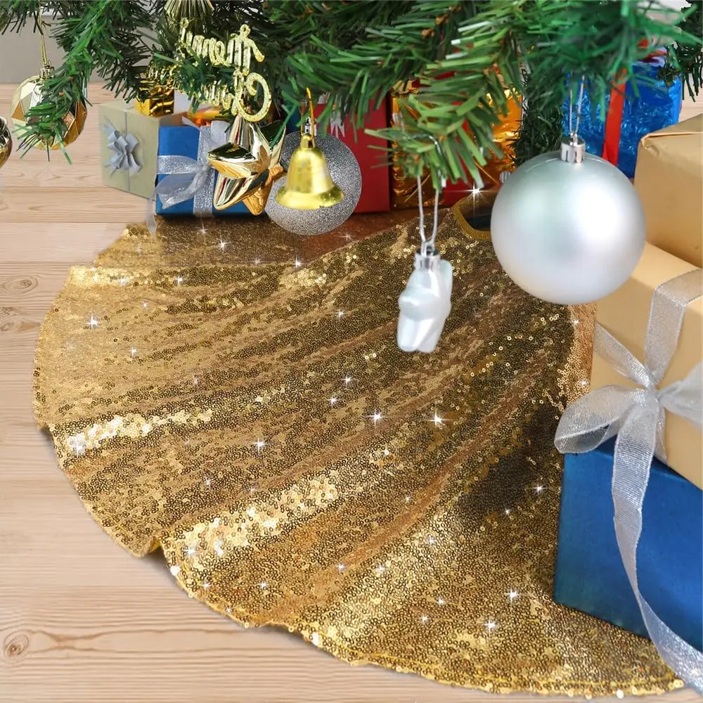 Christmas Tree Skirt, 2 Pieces 48 Inch Gold Small Sequin Tree Skirt for Christmas Holiday Party Decorations