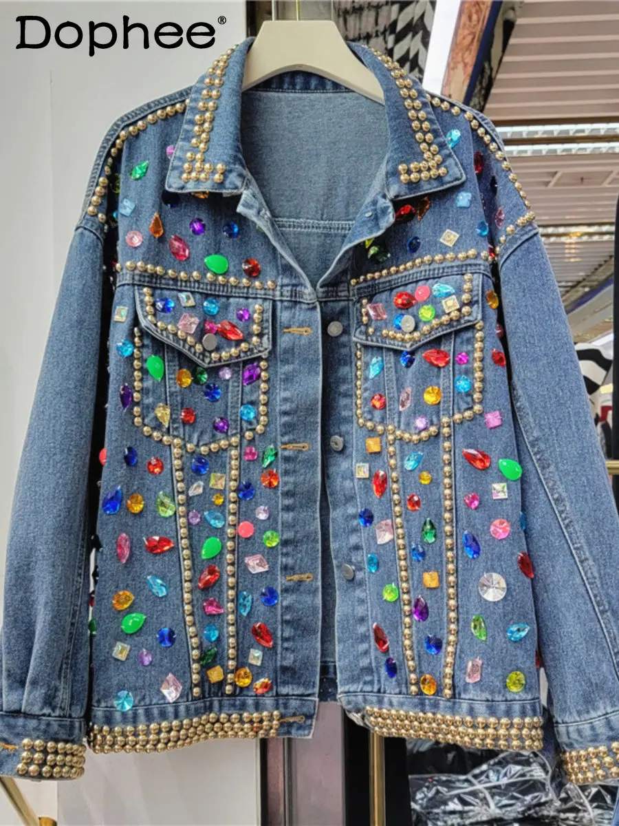 

2023 Spring New Exquisite Rhinestone Colorful Diamond Denim Jacket Women Coats Loose All-Match Long Sleeve Jean Jacket Outerwear