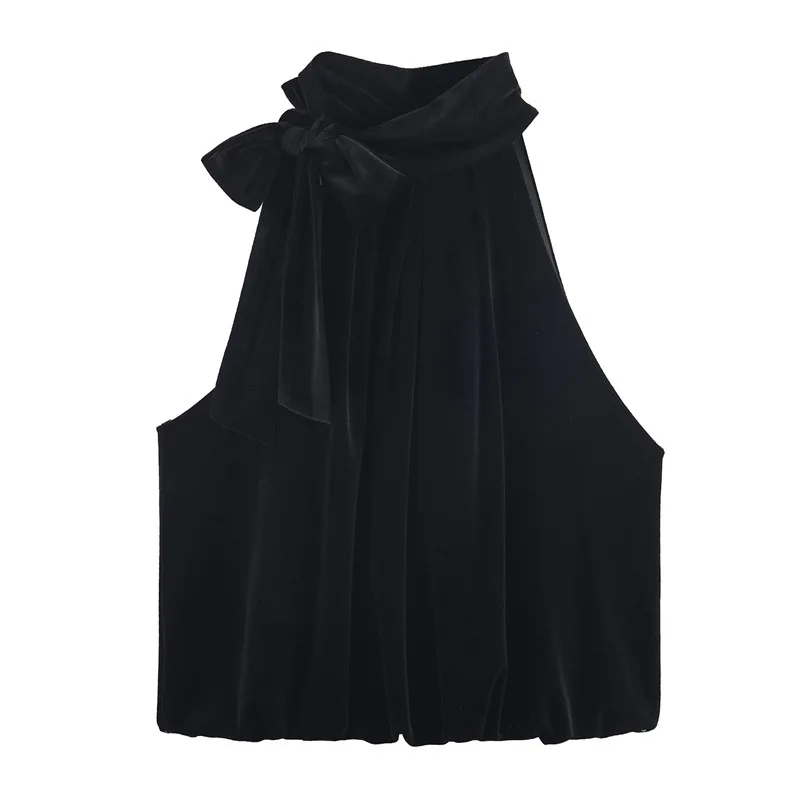 Fashionable Velvet Balloon Top with Bow Decoration