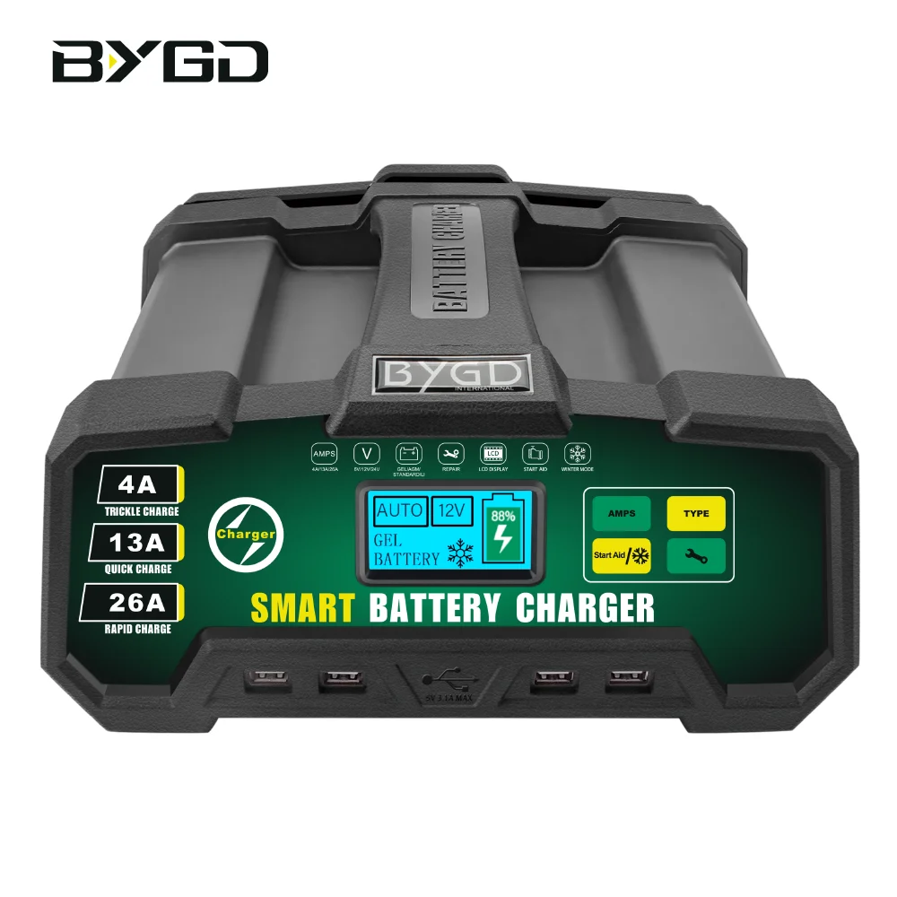 6V/12V/24V Intelligent LCD Car Battery Charger 26A Lithium Battery Identification Repair 8-Stage Charging ETL Certified Solar