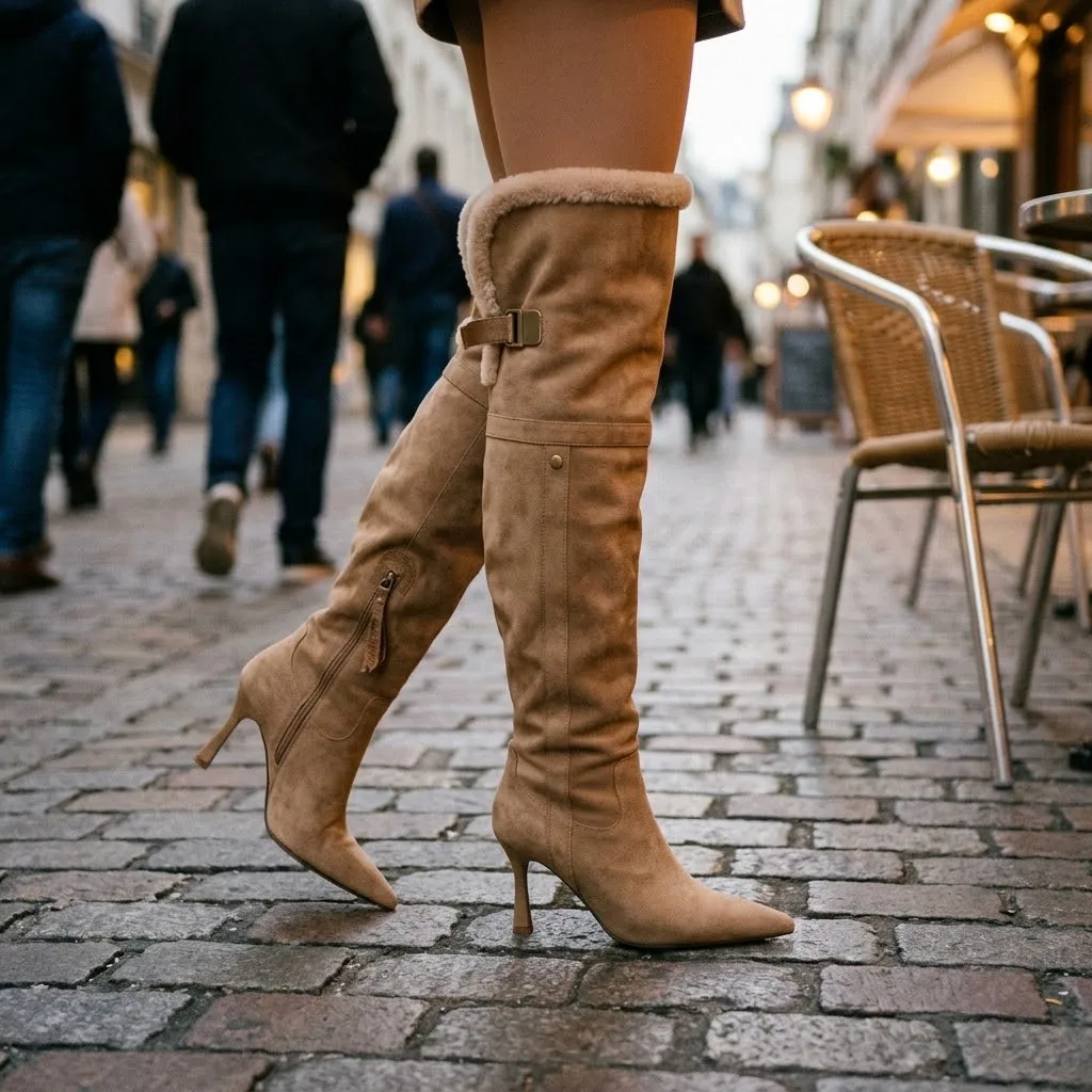 Winter Warm Plush Faux Suede Thigh High Boots For Women Pointed Toe Stiletto High Heels Over The Knee Long Shoes Botas De Mujer