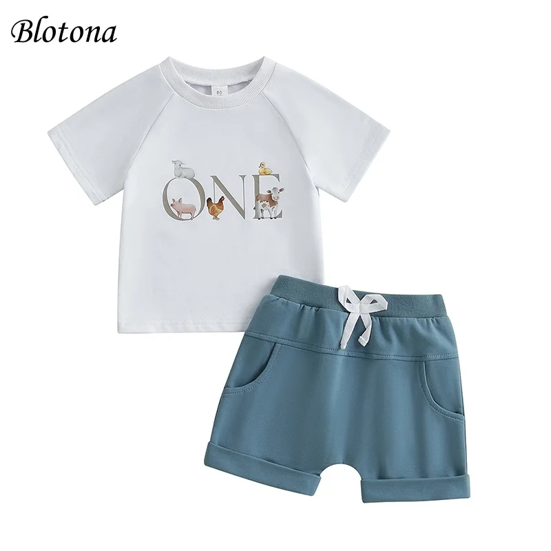 

Blotona Baby Boy Birthday Outfit Animal Letter Print Short Sleeve T-shirt Tops Solid Color Elastic Waist Shorts 2Pcs Summer Set