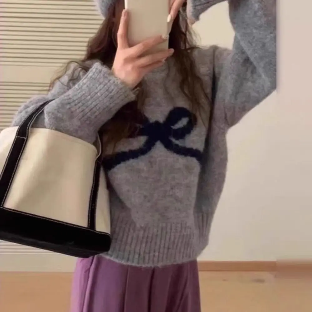 

Повседневный мягкий пуловер с бантом, свитер с длинным рукавом, теплый свитер с круглым вырезом, модный милый жаккардовый свитер для студентов