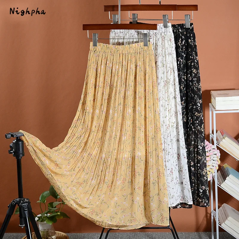 

Summer Skirts Women Vintage Floral Print Chiffon Pleated Skirt Elastic High Waist Casual Long Beach Skirt