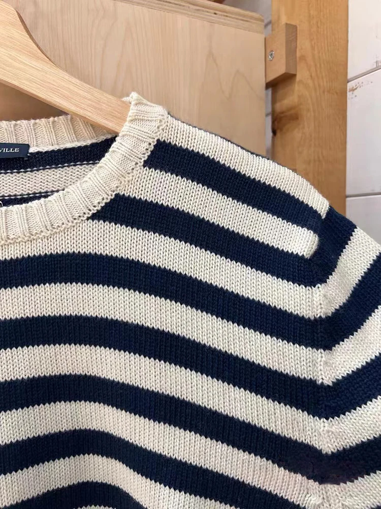 Stripes Vintage Loose Knitted Sweater Women Patchwork Cotton O-Neck Autumn Pullover Tops Casual Streetwear Sweet Jumper Sweaters