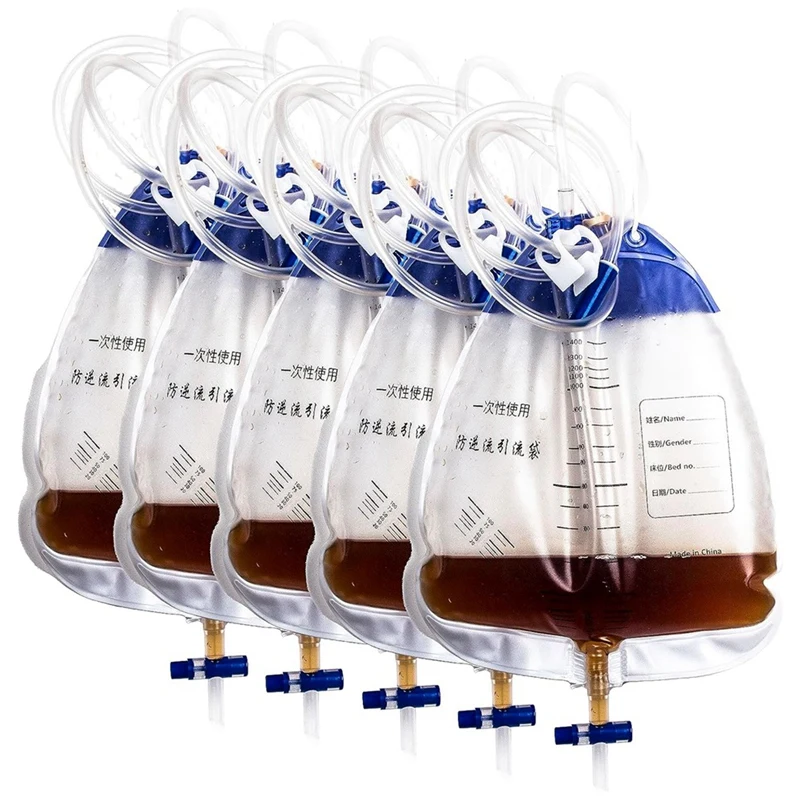 Urin-Entwässerungsbeutel mit 48 Zoll Rohrabfluss, Clips und Haken zum Aufhängen, Urinbeutel mit Anti-Reflux-Kammer, 1500 ml, 10er-Pack-ABVK