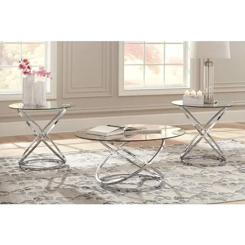 Contemporary Round 3-Piece Occasional Table Set,Includes Coffee Table and 2 End Tables,Chrome