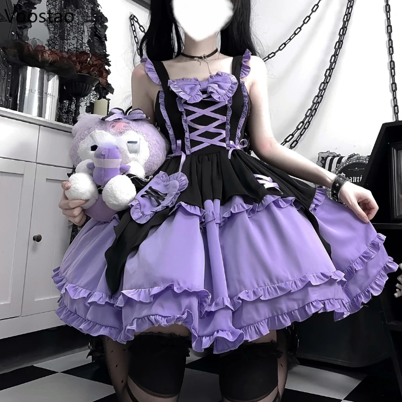 Japanese Gothic Lolita Jsk Dress Japanese Women Harajuku Y2k Halloween Little Witch Cosplay Ruffles Bow Princess Party Dresses